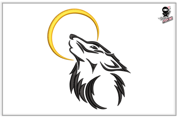 Roaring Wolf with Moon, Animal Embroidery